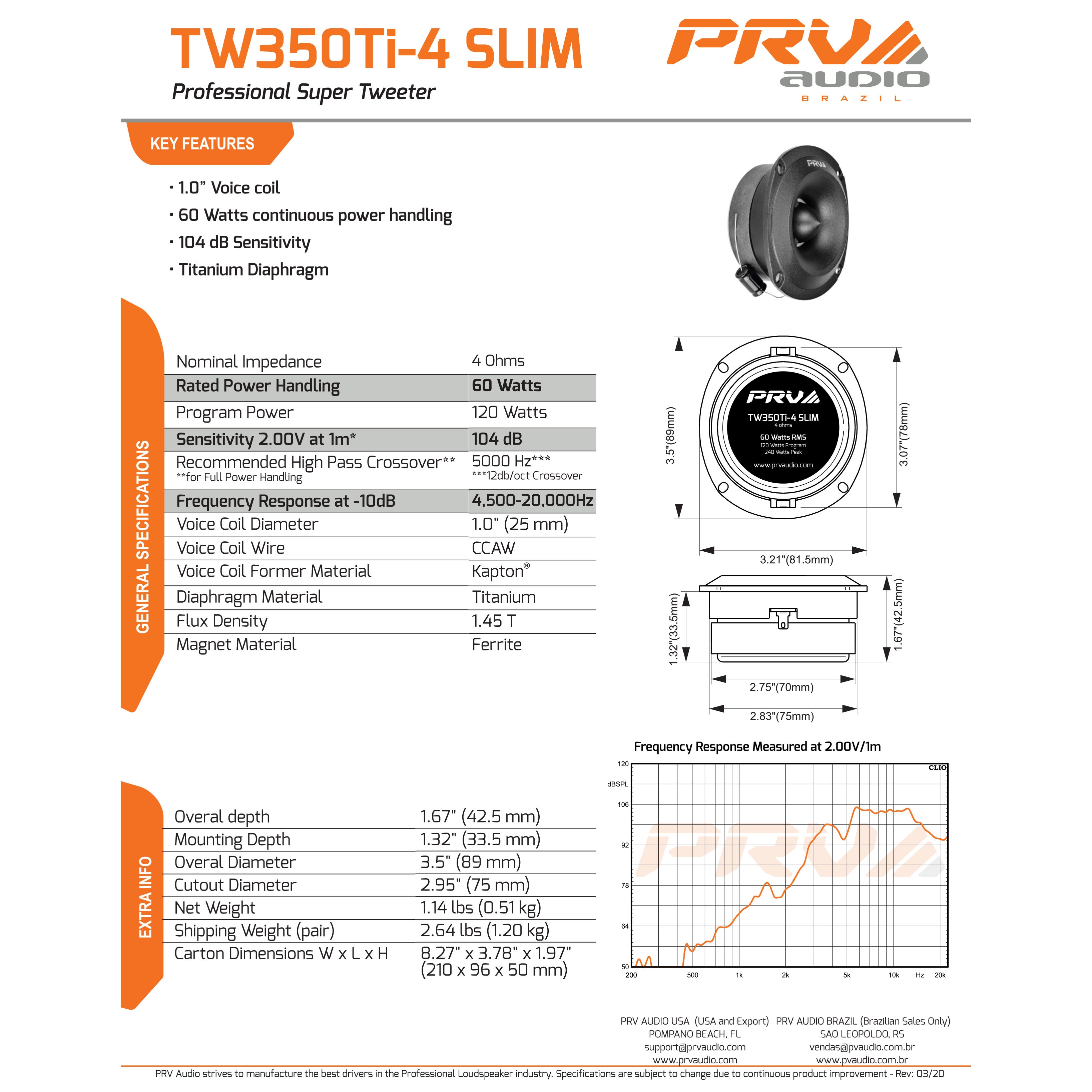 2 PRV Pro 3.5" Super Bullet Tweeters 120W Max 4 Ohm Slim Mount Pair TW350Ti-4