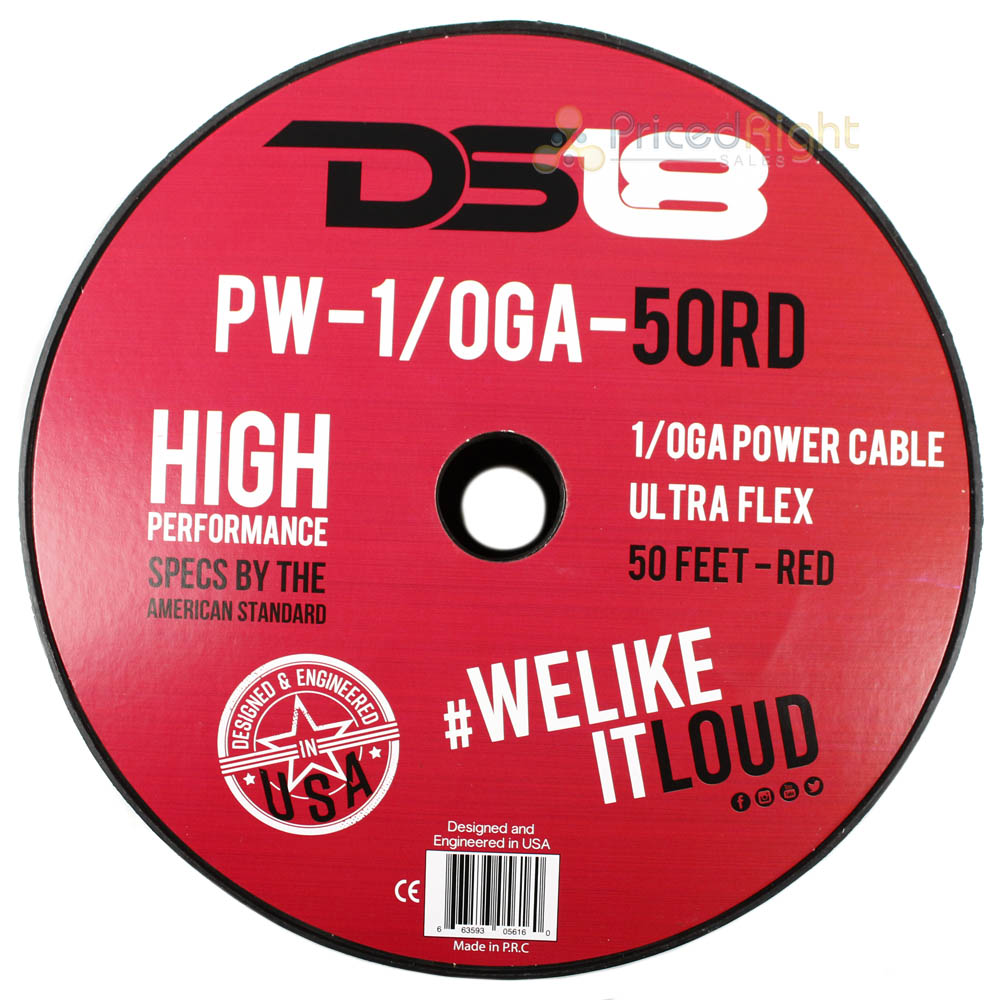 DS18 1/0 Gauge Power Wire Ground 50 Ft Spool Red CCA Ultra Flex PW-1/0GA-50RD