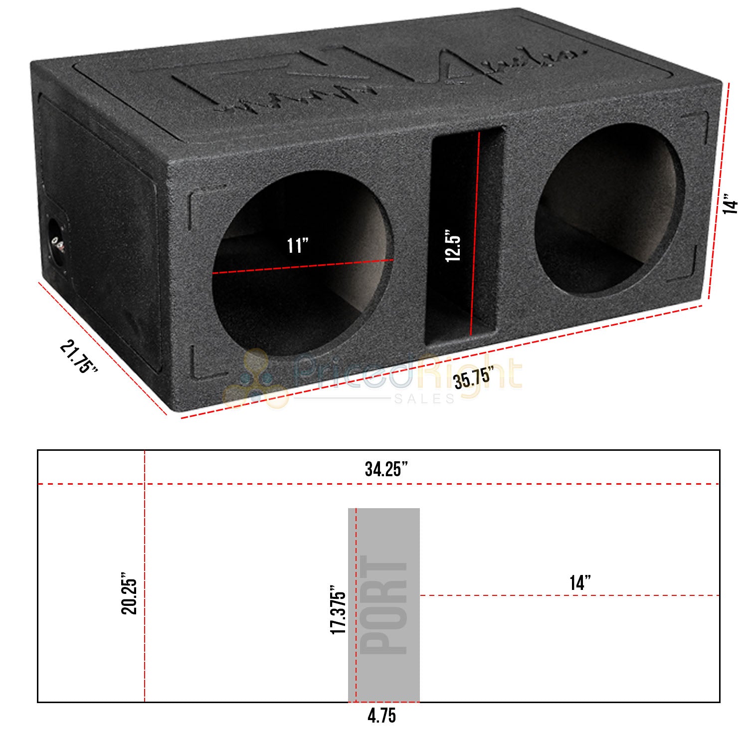 Dual 12" Ported Subwoofer Box Bed Liner Coated 3/4" MDF Vented Enclosure