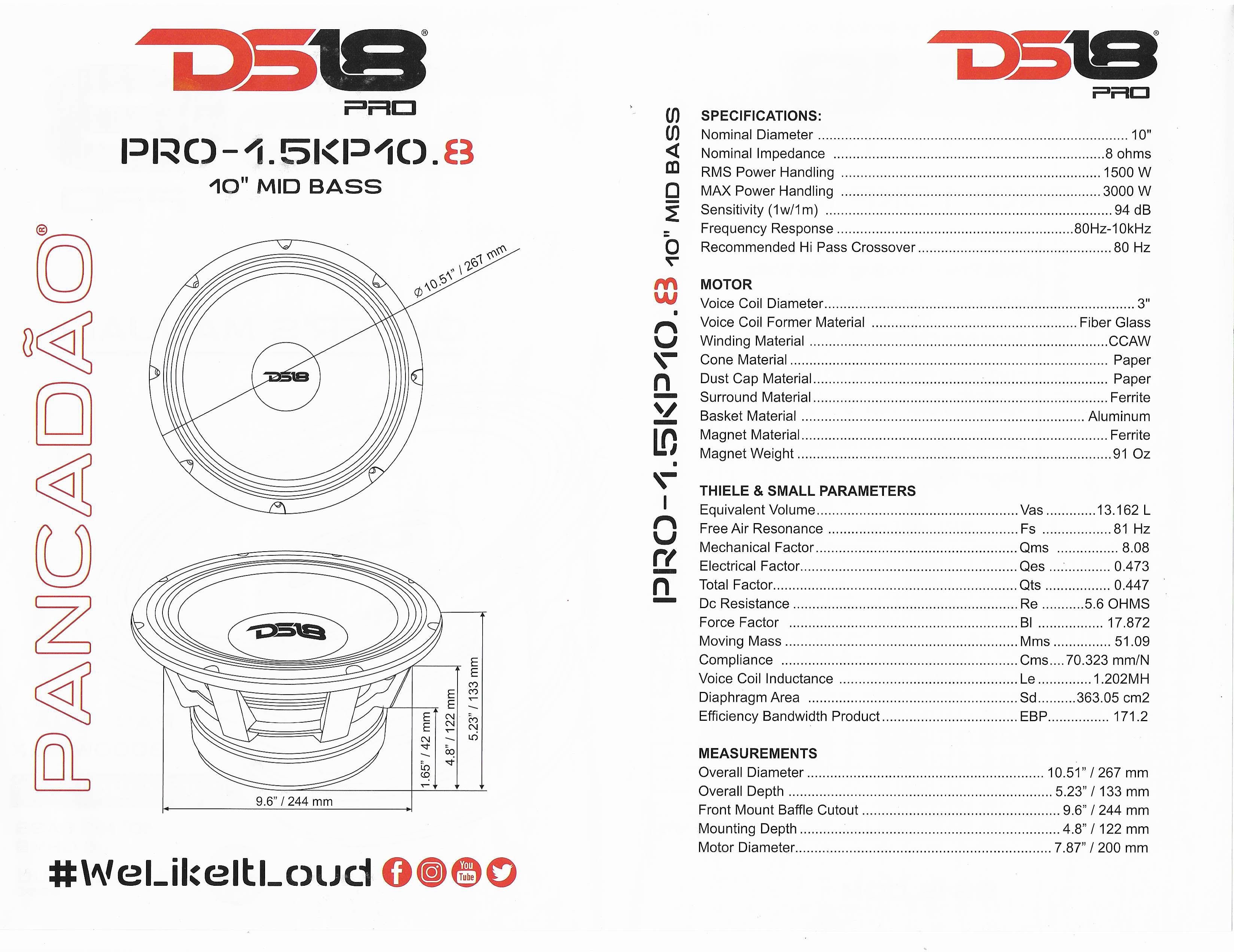 DS18 10" Mid Bass Speaker 1500 Watts RMS 8 Ohm Pro-1.5KP10.8 Pancadao Midbass