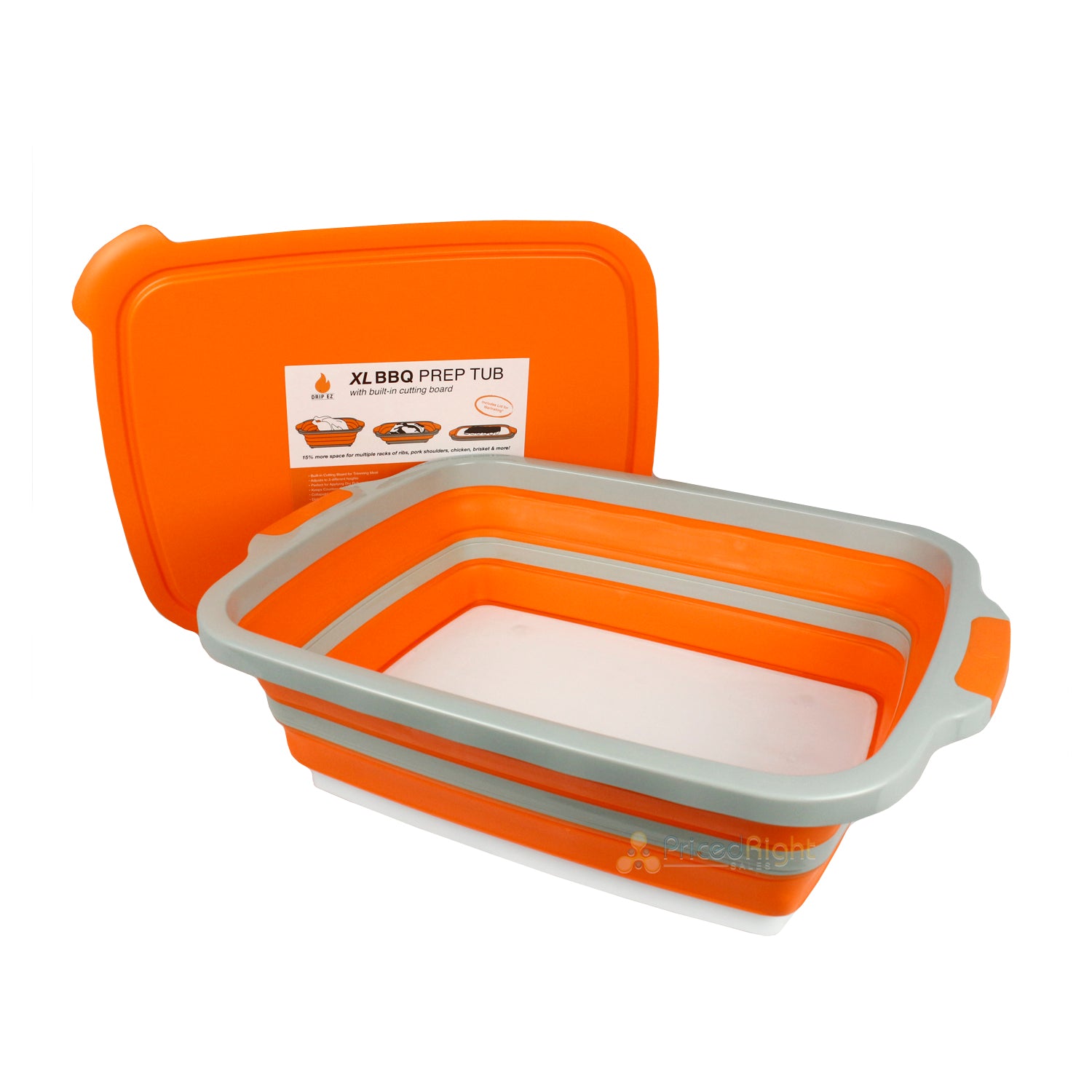 DripEZ XL BBQ Adjustable 3-Height Prep Tub With Cutting Board And Lid Orange